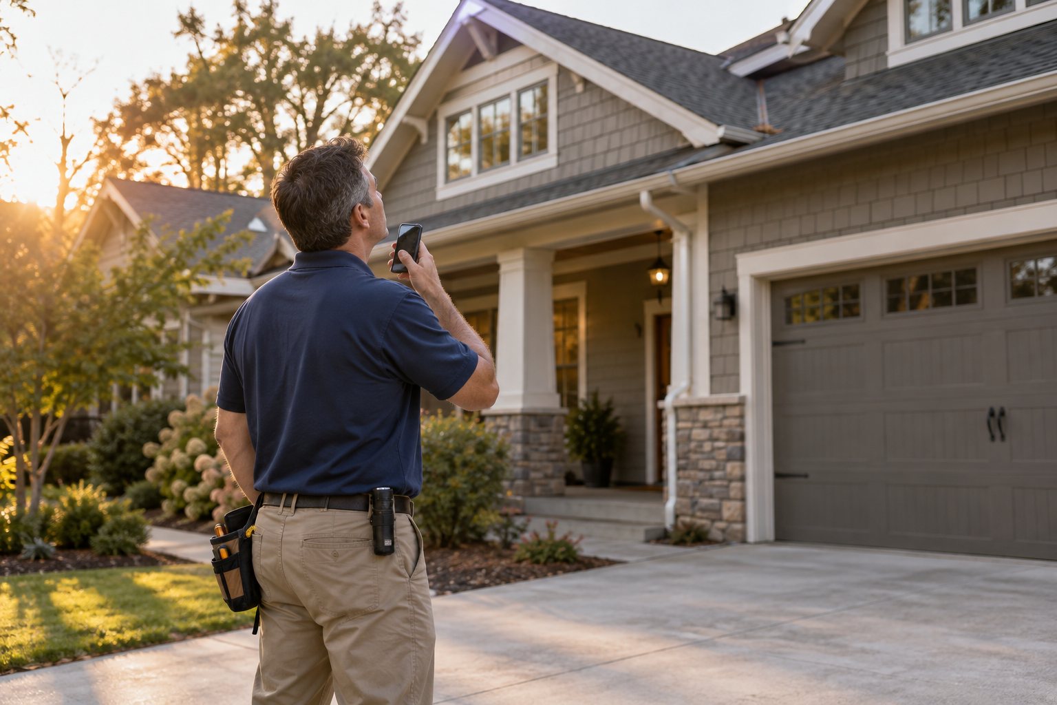 A home inspector dictating a note into his phone while looking up at a roofline
